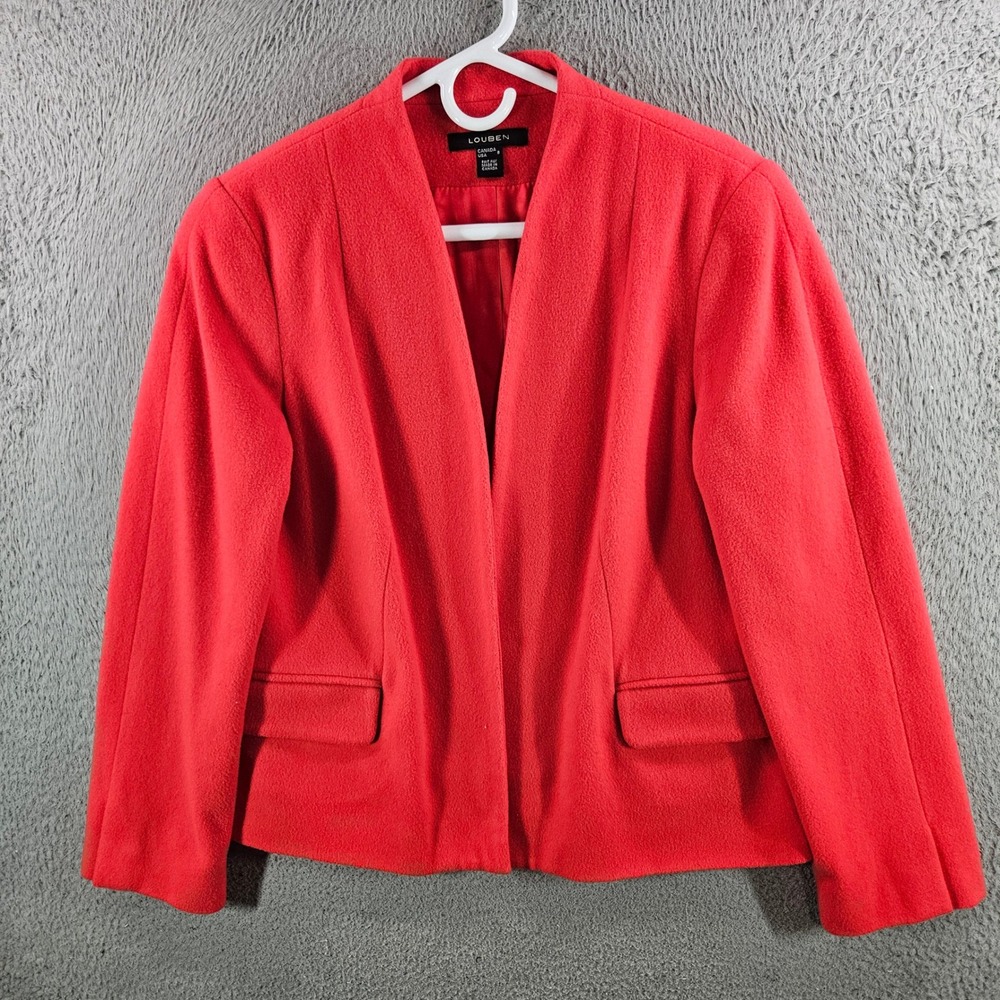 Louben Red Wool Cashmere Blend Open Front Blazer Jacket Size 8 Made in Canada